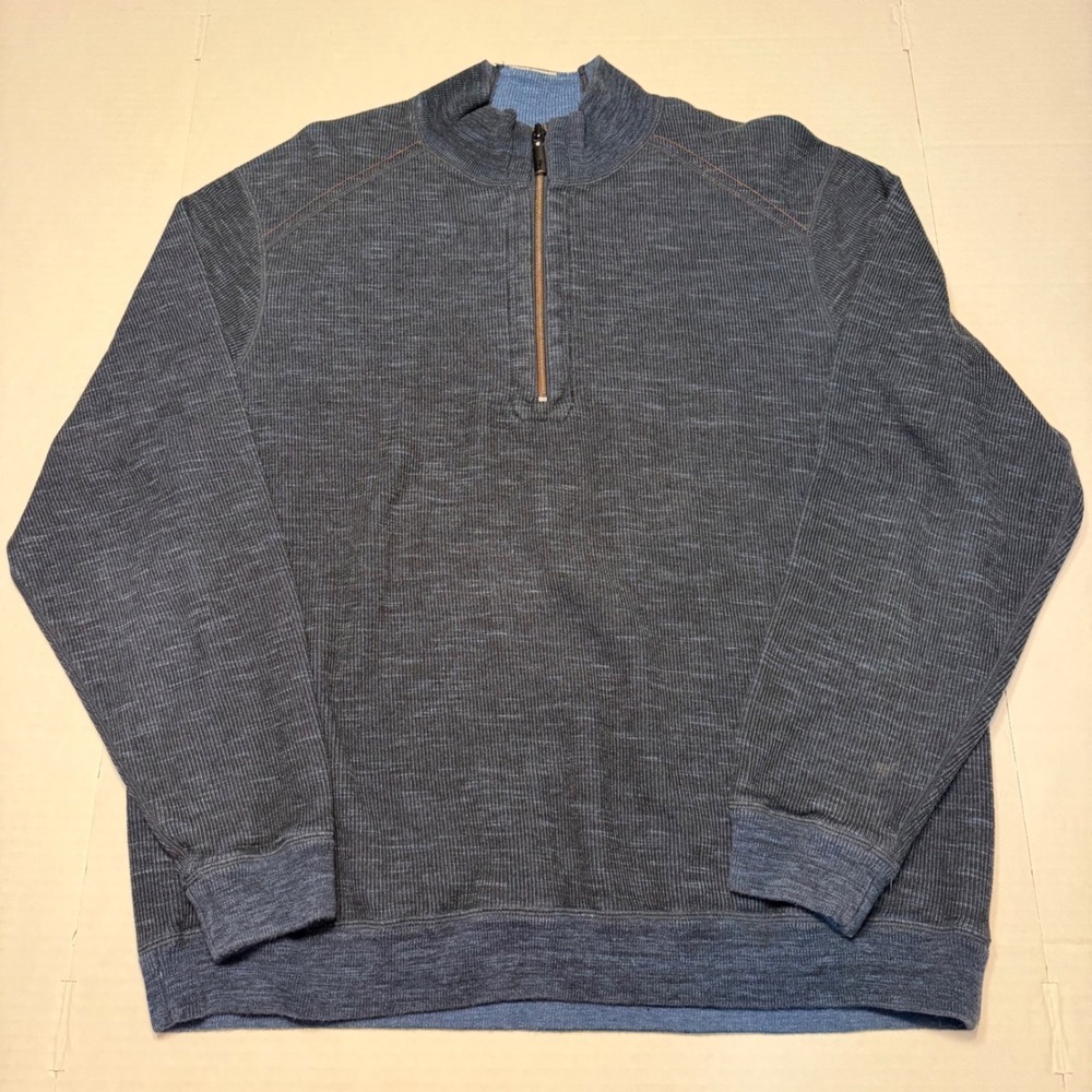 Tommy Bahama Mens Navy Blue Marl Cotton Tencel Quarter Zip Pullover Sweater